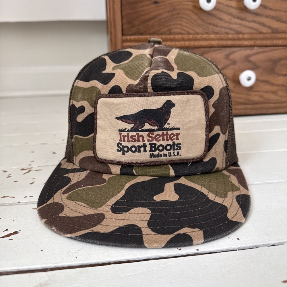 Vintage Irish Setter Sports Boots Snap Back Hat Camouflage Cap USA EUC RARE